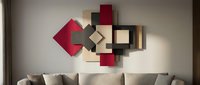 Modern geometric wall art installation with red and neutral squares above contemporary sofa in minimalist living room interior design.