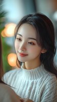 Young Asian woman in white knit sweater smiling gently with soft bokeh lights in background, natural makeup and glowing skin create warm atmospheric portrait.