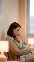 Loving mother holding sleeping baby in cozy living room with warm lighting. Tender maternal bonding moment at home for family lifestyle content.