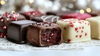 Chocolate covered candy bonbons with raspberry filling and heart sprinkles on white lace background. Dark, milk and white chocolate pralines with festive decoration.