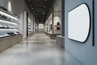 Modern luxury footwear retail store interior with elegant display shelves, minimalist design, and blank signage on blue wall. Perfect for retail marketing.