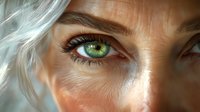 Close up of bright green eyes with long eyelashes and platinum blonde hair, dramatic lighting creates ethereal glow on fair skin. Artistic portrait captures intense gaze.