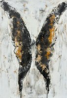 Abstract butterfly silhouette in black and gold against textured white background, conveying transformation and freedom for contemporary wall art.