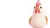 Cheerful cartoon chicken wearing party hat with confetti around. Cute farm animal character celebrating birthday or festive occasion. Playful illustration for greeting cards.