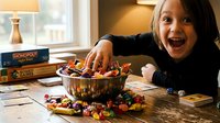 Young girl excitedly reaching for colorful Halloween candy from metal bowl on kitchen counter with board games and treats scattered around cozy home.