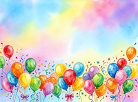 Colorful balloons and confetti on rainbow watercolor background for party celebrations, birthdays, festivals and festive events design.