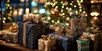 Elegantly wrapped Christmas presents with glittering decorations against blurred festive lights background, creating warm holiday atmosphere.