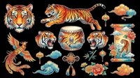 Colorful Asian-inspired tiger and phoenix clipart set with lanterns, clouds, and decorative elements isolated on transparent background for t-shirt design, stickers, and print-on-demand projects.