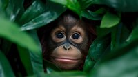 Young orangutan peering through green tropical leaves, close up portrait showing expressive eyes and gentle expression in natural jungle environment.