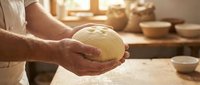 Baker hands holding fresh bread dough in warm kitchen with wooden bowls and natural lighting creating cozy artisan baking atmosphere.