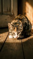 Adorable tabby kitten with orange eyes crouching on wooden floor in warm sunlight streaming through rustic interior home setting for pet care concepts.