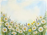 Watercolor wildflower meadow with daisies, buttercups and blue flowers on soft sky background, copy space for greeting cards.