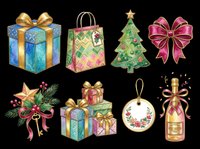 Festive holiday gift boxes, shopping bag, decorated Christmas tree, pink bow, evergreen wreath with berries, stacked presents, ornament and champagne bottle isolated on transparent background. Ready for t-shirts, stickers, clipart and print-on-demand designs.