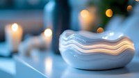 Elegant white ceramic wave-shaped candle holder with soft glowing candlelight creating cozy atmosphere against blurred bokeh background. Modern home decor element.