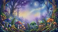 Enchanted forest scene with glowing mushrooms, twisted trees, and starry night sky with crescent moon, featuring magical woodland atmosphere suitable for fantasy illustrations, children's books, and whimsical design projects.