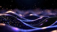 Glowing abstract waves with sparkling particles flow through dark space creating mesmerizing cosmic landscape in purple and blue colors with bokeh light effect.