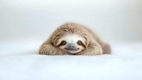Adorable baby sloth with fluffy brown fur lying down and smiling on white background, cute tropical animal portrait for children's content and wildlife education.