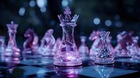 Transparent glass chess pieces with queen in focus, glowing purple and blue neon lighting on dark surface, strategy game concept for business and competition themes.