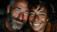 Happy mature interracial couple embracing and smiling warmly at camera showing love and connection in intimate portrait with natural lighting and joyful expressions.