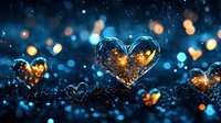 Glowing heart shapes with golden lights against dark blue background with bokeh effect and water drops creating magical romantic atmosphere.
