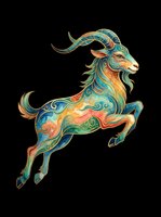 Colorful ornate goat leaping with swirling patterns in teal, gold, and coral tones, isolated on transparent background, ready for stickers, t-shirt design, and print on demand.