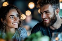 Young diverse couple sharing intimate moment at romantic dinner date, with warm bokeh lights and natural greenery creating atmospheric ambiance.