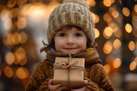 Smiling child holding wrapped Christmas present wearing knit beanie and sweater against blurred holiday lights background, creating warm festive atmosphere.