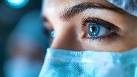Close-up view of bright blue eyes with long eyelashes and expressive eyebrows above protective medical face mask in turquoise color with blurred hospital background.
