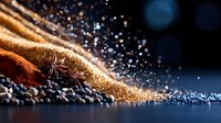 Brown sugar wave with star anise and scattered coffee beans on dark background, magical golden sparkles and bokeh effect create festive culinary atmosphere.
