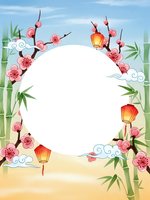 Asian spring frame with cherry blossoms, bamboo and traditional lanterns on white background for greeting cards and festival designs.