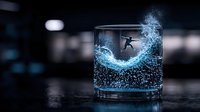 Surreal miniature scene of silhouetted person jumping over glowing blue wave inside glass of water against dark background, creative conceptual composition.