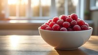 Fresh ripe red cranberries in white ceramic bowl on wooden table near window with warm sunlight, selective focus and bokeh background.