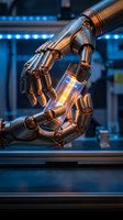 Futuristic robotic arm with glowing energy core in high-tech laboratory setting with blue LED lighting for artificial intelligence and automation concepts.
