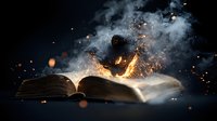 Open magical book with glowing pages emitting sparks, smoke and light effects against dark background, creating mystical atmosphere for fantasy and education concepts.