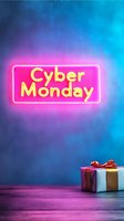 Glowing pink neon Cyber Monday sign on textured blue wall with wrapped gift box below, creating modern retail atmosphere for seasonal sale promotions.