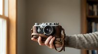 Photographer holding vintage rangefinder camera with leather strap in studio setting with natural window light and blurred bookshelf background.