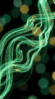 Luminescent green ribbons with golden sparkles flow against dark background with bokeh lights, suitable for abstract backgrounds, digital art, and creative design projects.