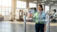 Female engineer interacts with futuristic holographic interface in modern factory, managing industrial automation and smart manufacturing data.