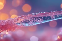 Frozen water crystals on glass surface with pink and orange bokeh background creating magical winter atmosphere, macro photography close-up shot.