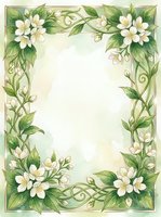 Elegant floral border frame with white flowers and green leaves on cream background for invitations, cards, and decorative design projects.