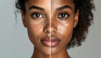 Before and after skincare comparison showing young Black woman with natural curly hair, freckles on left side, smooth glowing skin on right side.
