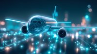 Futuristic passenger aircraft with glowing neon blue lights flying over illuminated night city runway with bokeh effect. Modern transportation concept for aviation design.