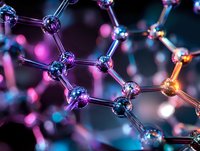 Molecular structure visualization with glowing purple and blue atoms connected by silver bonds on dark background, scientific concept for chemistry and nanotechnology.