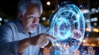 Senior Asian businessman interacting with futuristic holographic interface displaying circular data visualization and technology elements in night office.