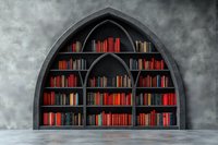Gothic arch bookshelf with colorful books against textured gray wall, creating dramatic contrast between medieval architecture and literary collection.