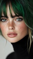 Close up portrait of young woman with green hair, freckles, and striking blue eyes wearing black turtleneck against light background. Natural makeup and soft lighting.