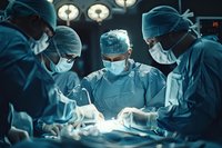 Medical team performing surgery in operating room with dramatic lighting and teal color tones. Surgeons and nurses focused on surgical procedure under bright OR lights.