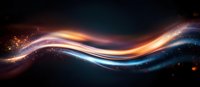 Glowing wave of light with orange and blue colors flowing through dark space, sparkling particles creating magical energy stream effect on black background.