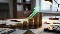 Financial growth concept with golden coins stacked in ascending order and green arrow pointing upward on modern office desk with calculator and documents.