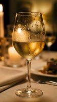 Chilled white wine glass with condensation droplets on elegant dining table with warm candlelight ambiance for restaurant and celebration concepts.
